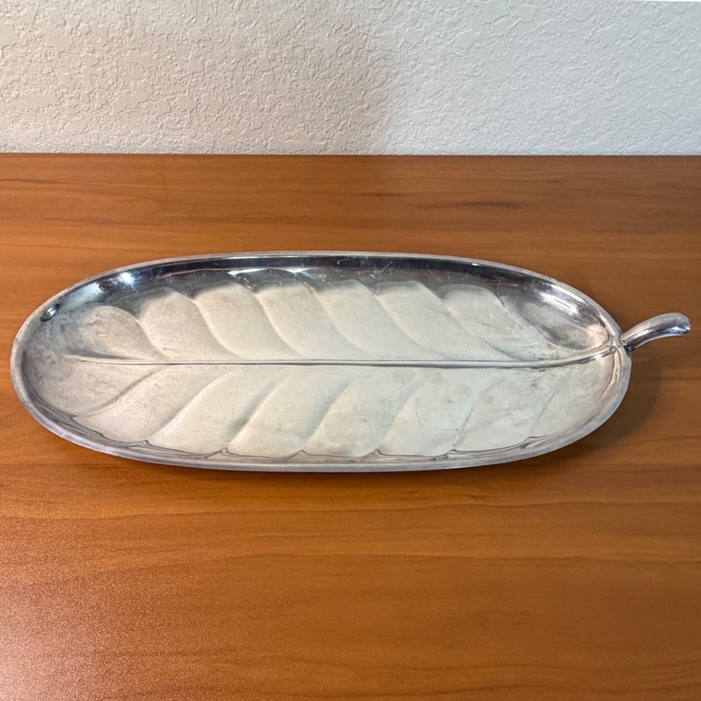 Vintage Mid Century Silver Leaf Serving Platter 17 Inch Stem Handle Tray